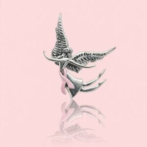 Breast Cancer Awareness Flying Angel Brooch, "Bless This Woman" Silver-Tone Pin